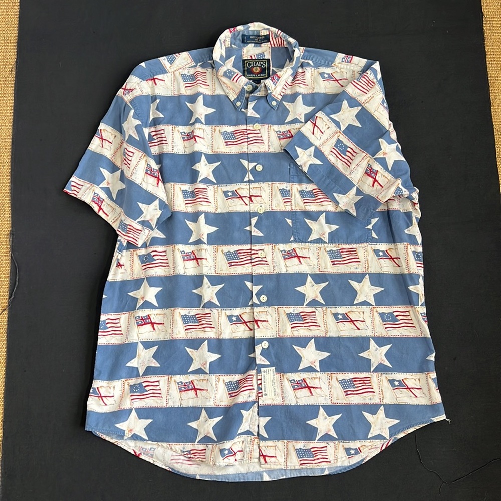 Vintage CHAPS Ralph Lauren American Flag Patriotic Button Up 100% Cotton Shirt L